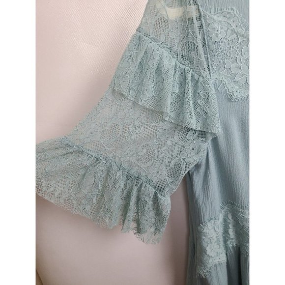 Umgee Mint Green Lace Ruffle Short Sleeve Mini BOHO Dress Size Small - Picture 4 of 9
